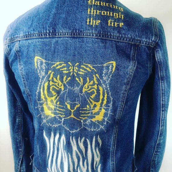 POS-I-TEES: Ladies UpCycled Jean Jackets: Dancing through the Fire (gold)
