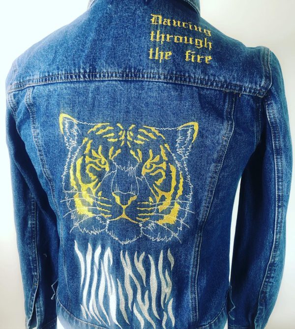 POS-I-TEES: Ladies UpCycled Jean Jackets: Dancing through the Fire (gold)