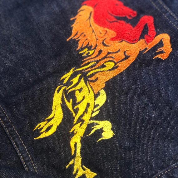 POS-I-TEES: Ladies UpCycled Jean Jackets: Fire Horse