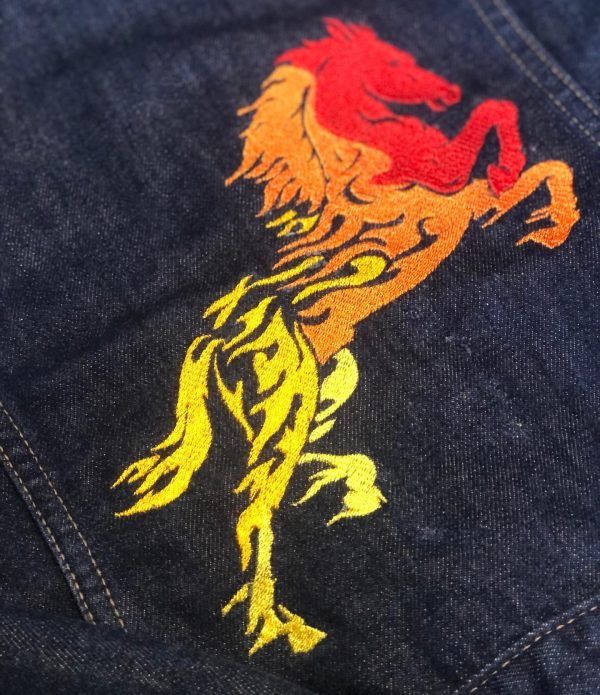 POS-I-TEES: Ladies UpCycled Jean Jackets: Fire Horse