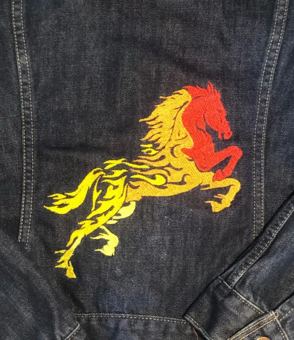 POS-I-TEES: Ladies UpCycled Jean Jackets: Fire Horse - Image 2