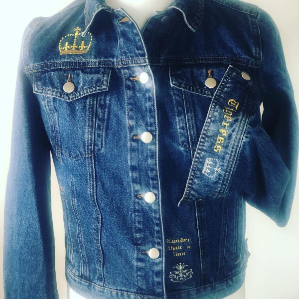 POS-I-TEES: Ladies UpCycled Jean Jackets: Dancing through the Fire (gold) - Image 2