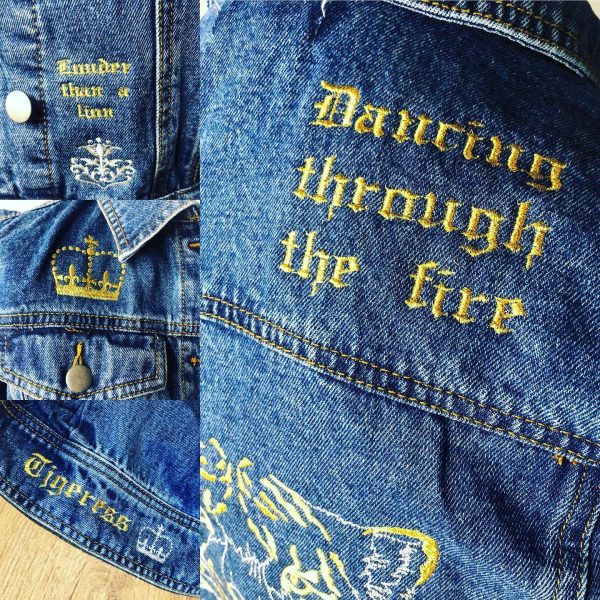 POS-I-TEES: Ladies UpCycled Jean Jackets: Dancing through the Fire (gold) - Image 3