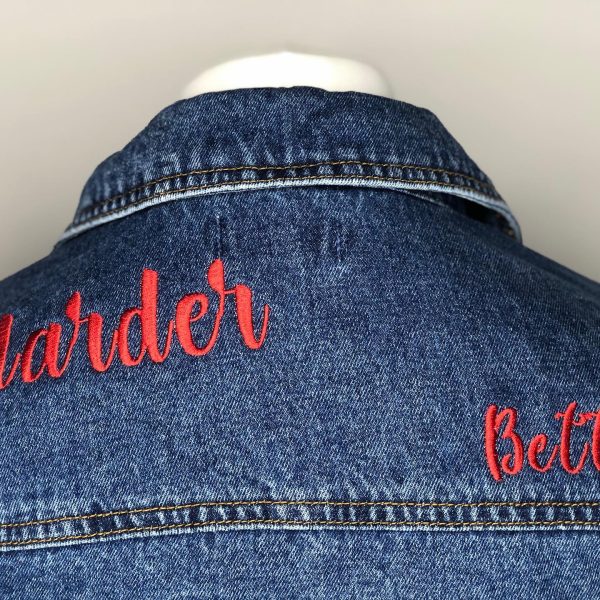 POS-I-TEES: Ladies UpCycled Jean Jackets: Stronger, Harder and Better (red) - Image 2