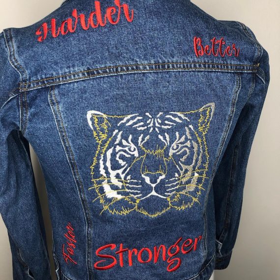 POS-I-TEES: Ladies UpCycled Jean Jackets: Stronger, Harder and Better (red)