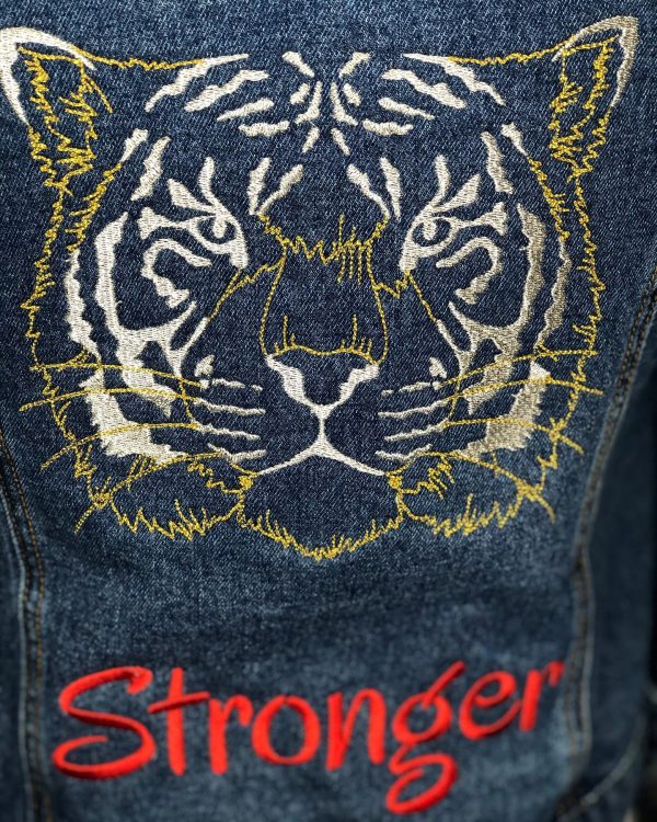 POS-I-TEES: Ladies UpCycled Jean Jackets: Stronger, Harder and Better (red) - Image 4